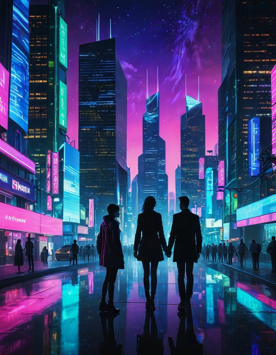 A captivating digital landscape featuring a sleek, futuristic cityscape intertwined with elements of online security, like virtual locks and shield symbols, creating an alluring atmosphere. In the foreground, an elegant silhouette of a modern couple engaging with high-tech devices, bathed in neon lights. The background showcases a dazzling night sky filled with binary code patterns and the glowing digital realm. super-realistic. cyberpunk. vibrant colors.