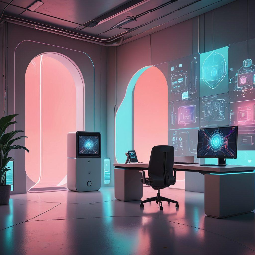 A serene digital landscape filled with soft pastel colors, featuring a modern virtual office space adorned with stylish, futuristic furniture. Integrate subtle elements representing cybersecurity, like shield icons and padlocks, blended within the environment. Include a calming glow emanating from computer screens showcasing adult service apps, creating a welcoming atmosphere. Incorporate abstract shapes symbolizing connectivity and safety. vibrant colors. cyberpunk.