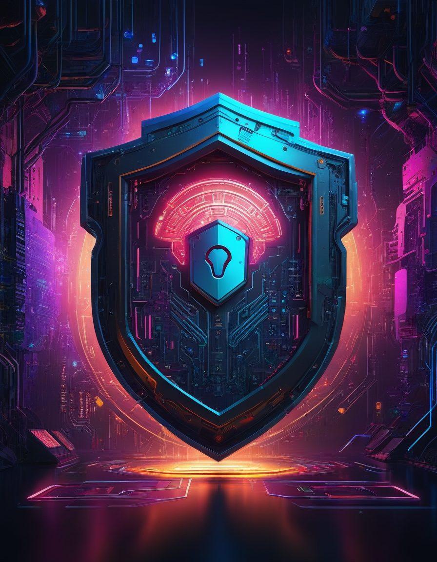 A futuristic, secure digital landscape showcasing a shield symbol made of glowing circuitry, surrounded by diverse engaging content like videos, articles, and graphics. Incorporate vibrant colors representing safety and innovation, with an abstract representation of a lock and key blending into the background. The scene should evoke a sense of trust and excitement. Cyberpunk style. 3D.